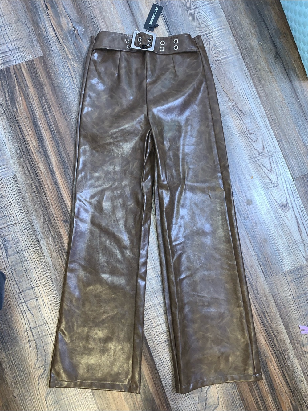 PrettyLittleThing Brown Leather-Look Wide Leg Jeans with Belt